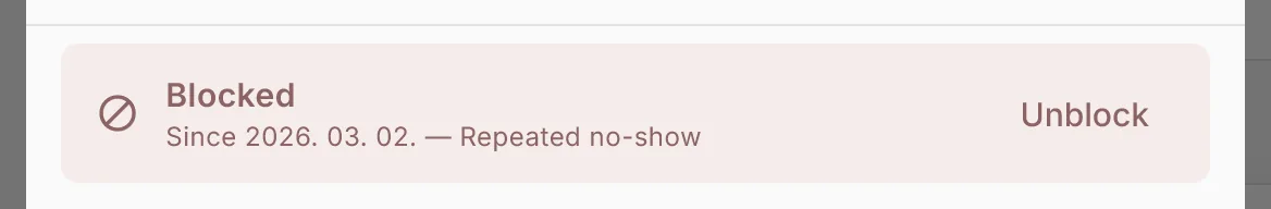 On a blocked guest’s profile, the Blocked banner with the date and reason, and the Unblock button next to it