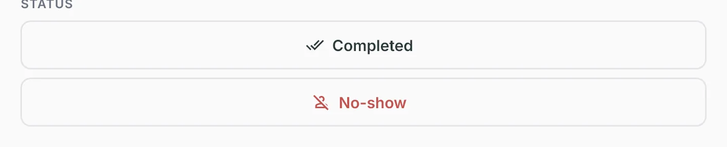 Details of a confirmed appointment that has ended: under Status, the No-show button below Completed