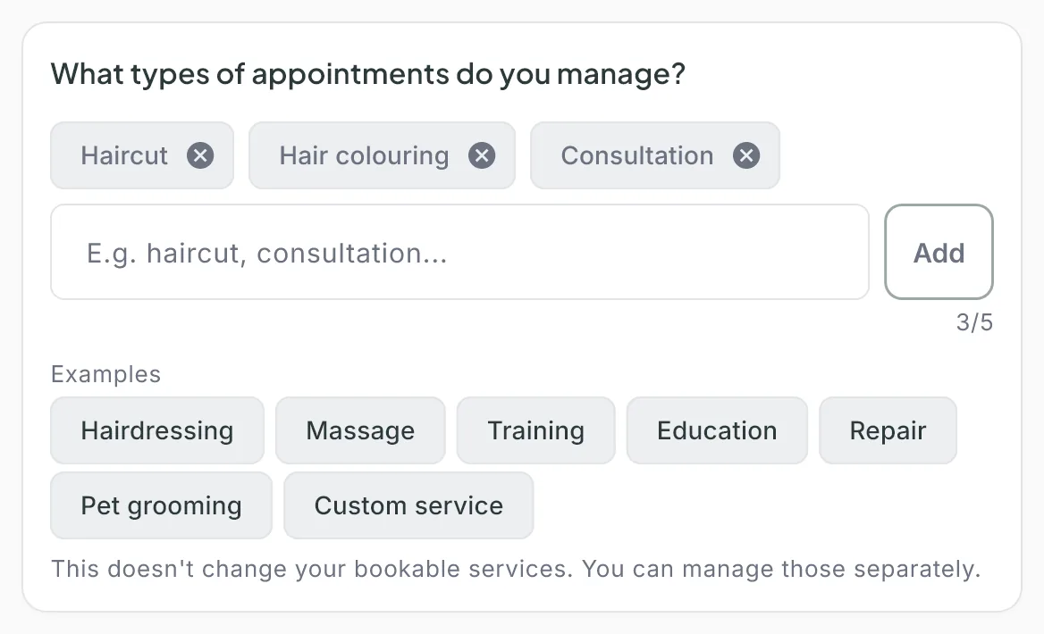 The What types of appointments do you manage? card on Business details with three activities, the input field, the Add button and the Examples
