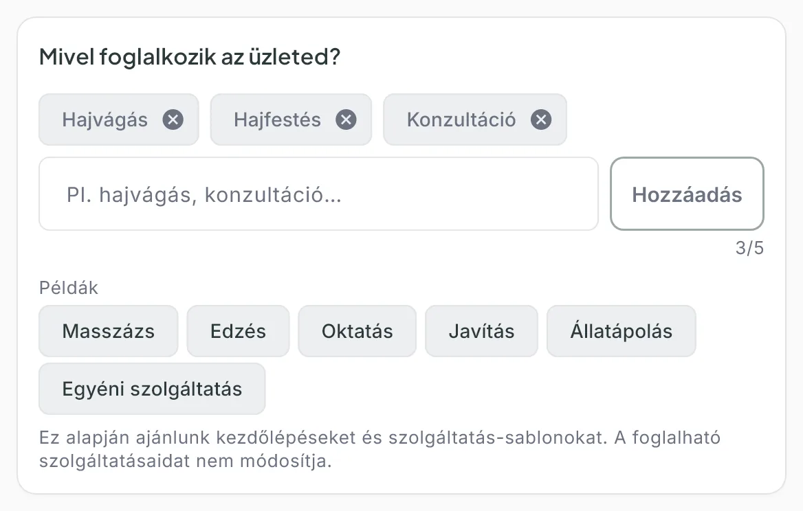 Az Üzlet adatai oldal Mivel foglalkozik az üzleted? kártyája három felvett tevékenységgel, a beviteli mezővel, a Hozzáadás gombbal és a Példákkal