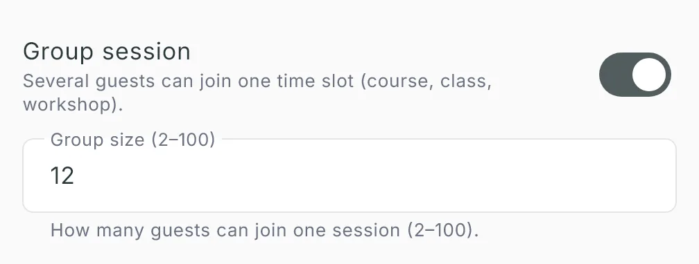 In the service editor, the Group session switch turned on, with the Group size (2–100) field set to 12 below