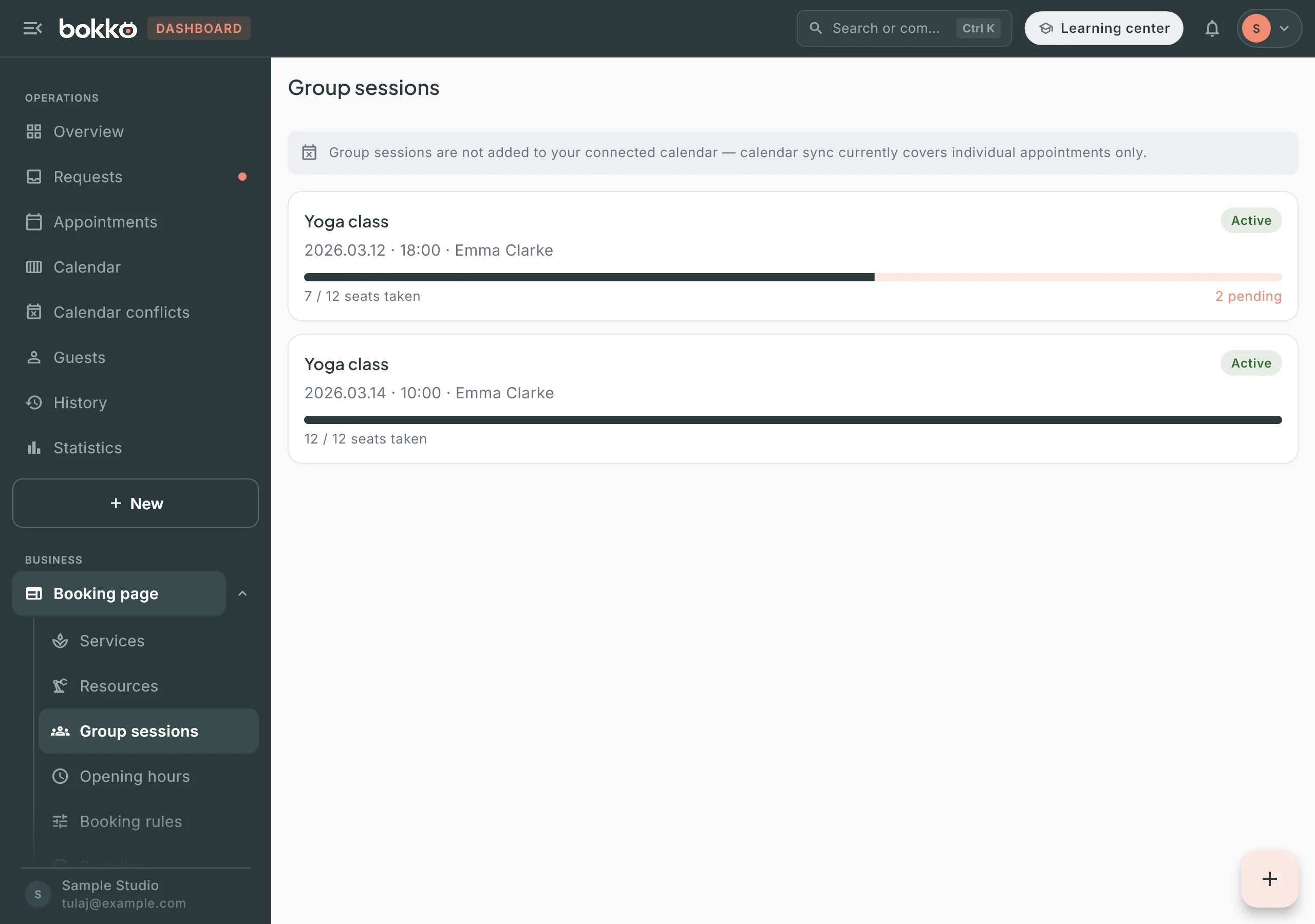 The Group sessions page with two upcoming sessions: occupancy bar, 7 / 12 seats taken, 2 pending, and the New session (+) button at the bottom right