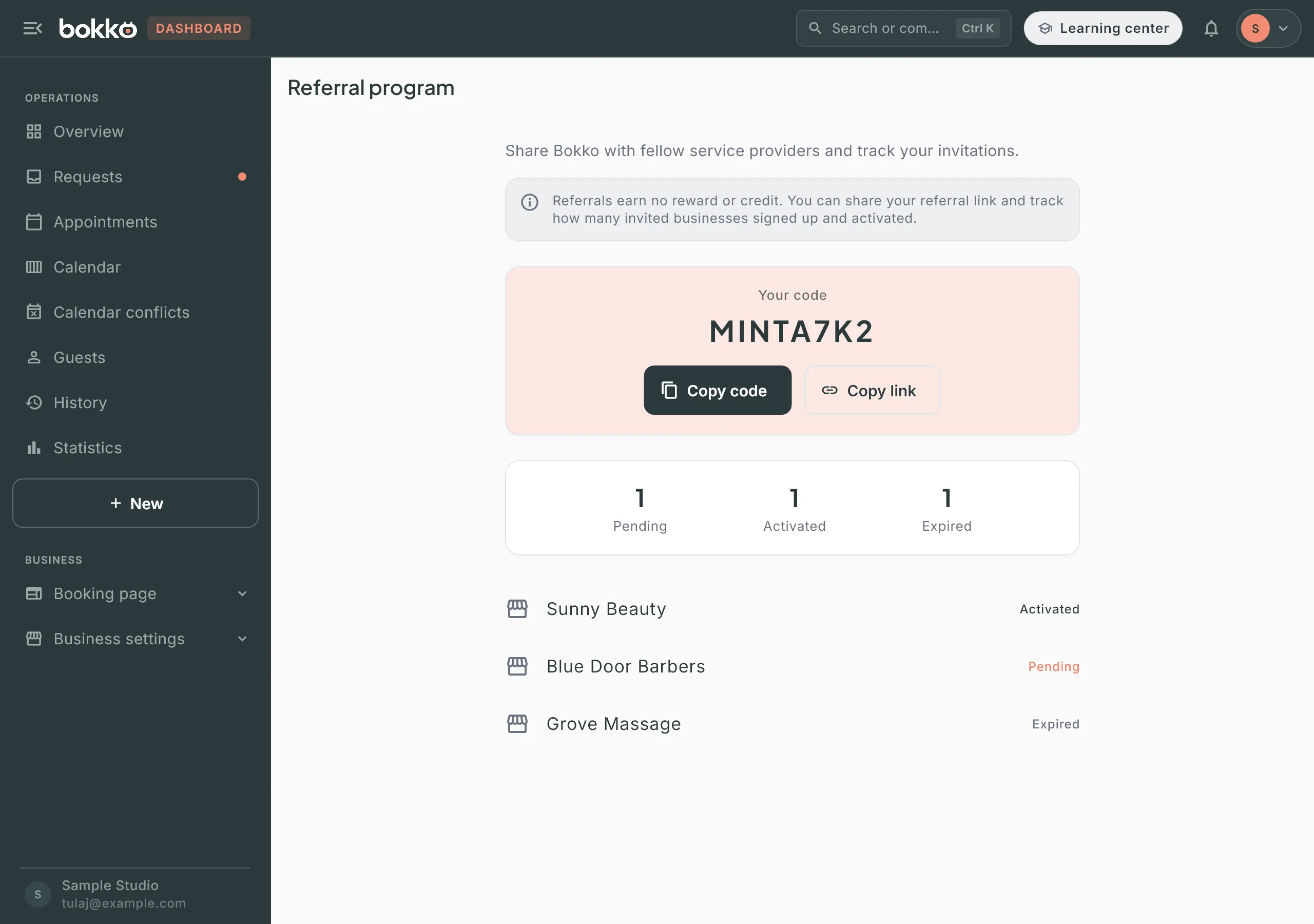 The Referral program page: the notice about rewards, the Your code card with Copy code and Copy link, the Pending / Activated / Expired counters and three invitations