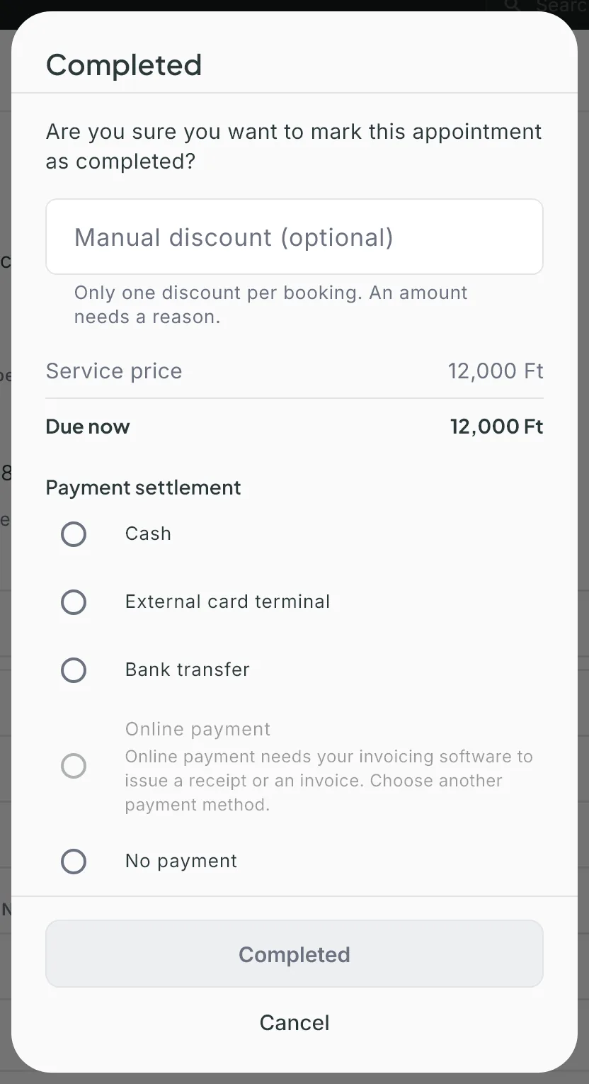 The Completed window with the manual discount field, the amount due and the Payment settlement choice