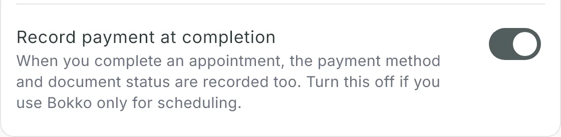 Record payment at completion switched on, on the No-shows and payments card of Booking rules