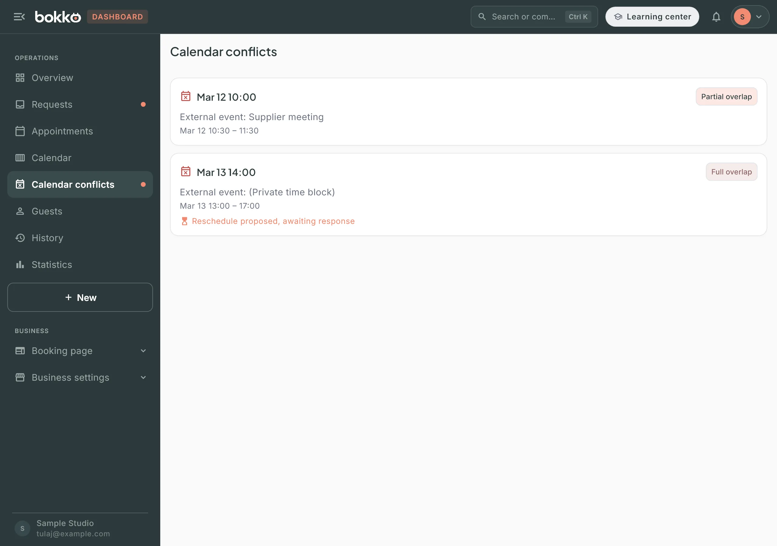 The Calendar conflicts list with two conflicts: a partial overlap with a meeting, and a full overlap with a private time block where a reschedule proposal awaits a reply