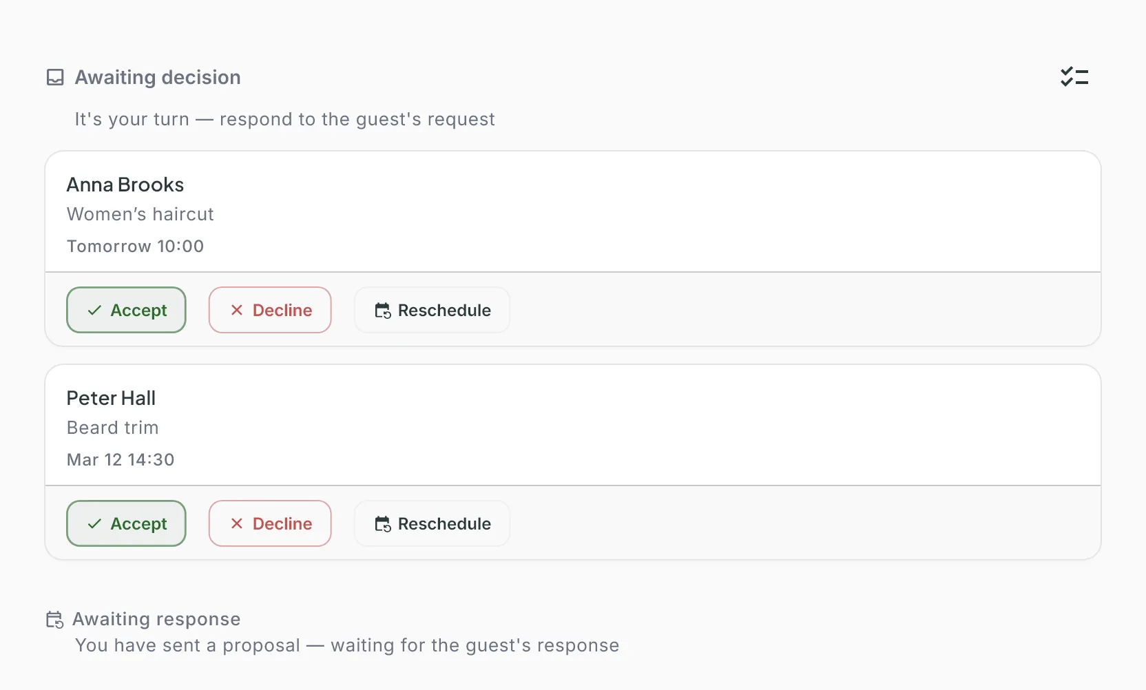 The Awaiting decision and Awaiting response sections of the Requests page